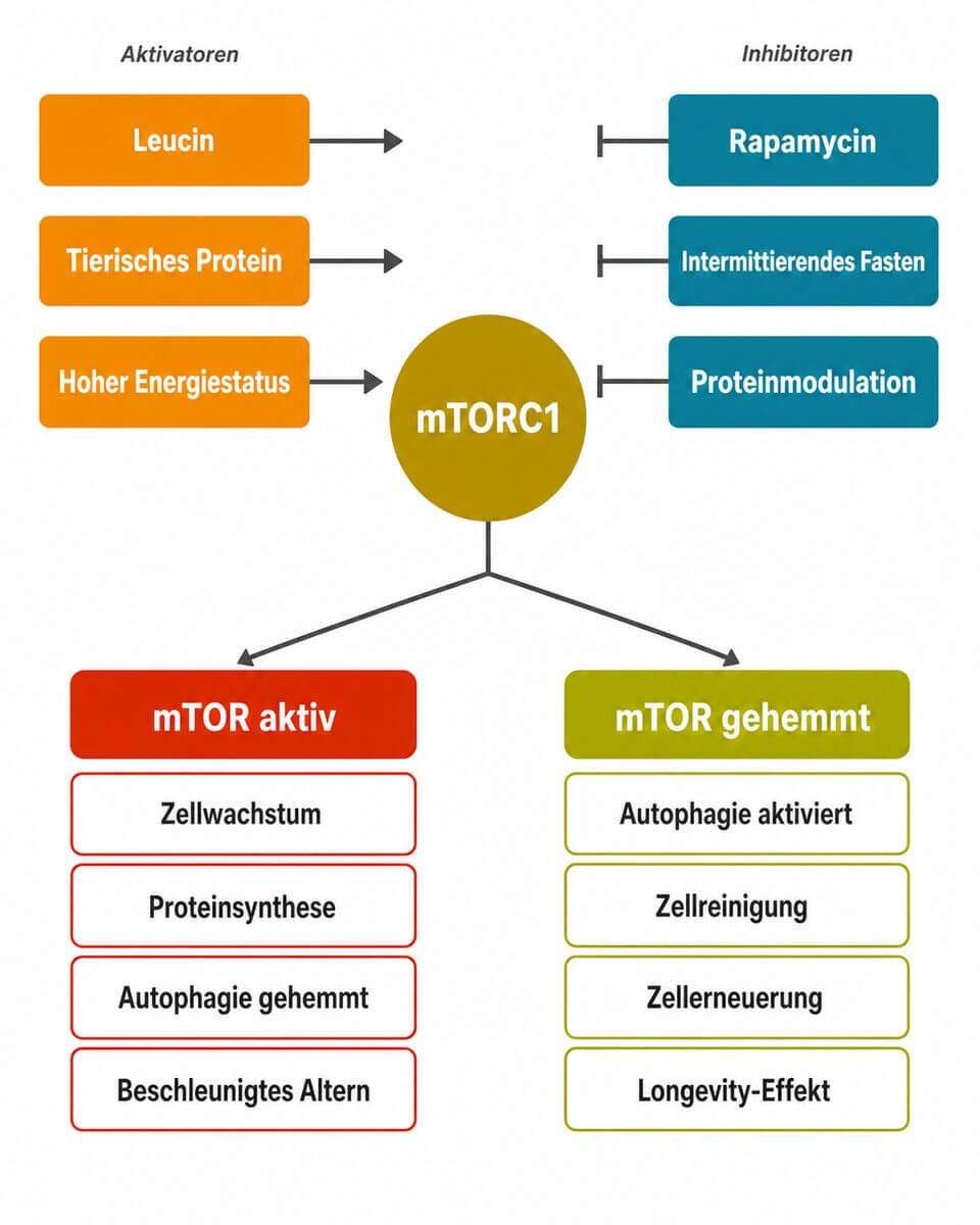 Infografik: Rapamycin hemmt mTOR und aktiviert Autophagie – Longevity-Wirkmechanismus im Überblick.