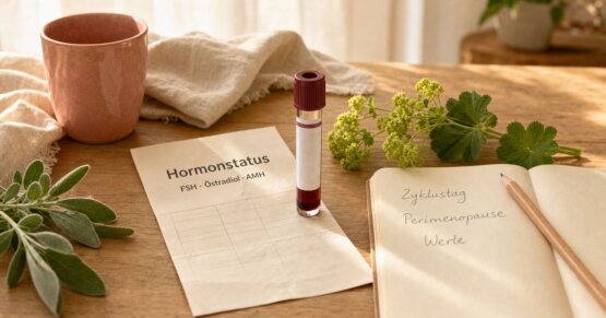 Blutröhrchen, Laborzettel mit „Hormonstatus", Notizbuch und Kräuter auf einem Holztisch.