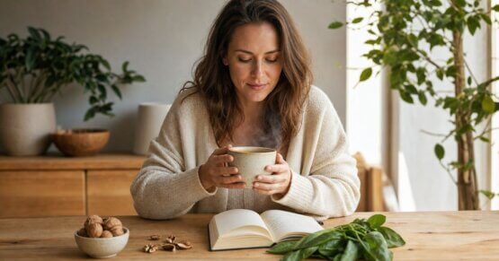 Eine junge Frau sitzt ruhig an einem hellen Holztisch und hält eine Tasse Tee – Konzentrationsschwäche überwinden durch Ernährung.