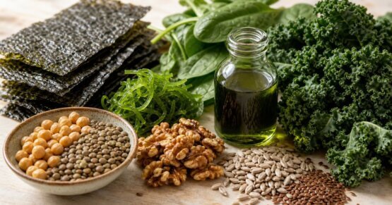 Stillleben mit Algen, Walnüssen, Linsen und grünem Blattgemüse als Nährstoffquellen für die Myelinscheide – Myelin Ernährung Übersicht.