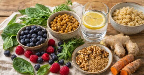Stillleben mit anti-entzündlichen Lebensmitteln wie Beeren, Blattgemüse, Nüssen und Hülsenfrüchten – geeignet bei PCOS als Ernährungsstrategie.