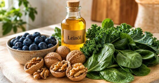 Stillleben mit Walnüssen, Blaubeeren, Blattgemüse und Leinöl als natürliche Hausmittel gegen Vergesslichkeit auf Holzuntergrund.