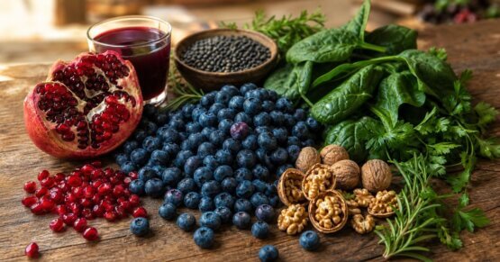 Stillleben mit antioxidantienreichen Lebensmitteln: Heidelbeeren, Granatapfel, Spinat, Walnüsse und Kräuter auf einem Holztisch.