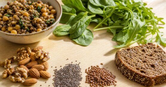 Stillleben mit Hülsenfrüchten, Nüssen und Blattgemüse als natürliche Einflussfaktoren auf den Ghrelinspiegel. Lebensmittel für eine ausgewogene Hormonregulation.