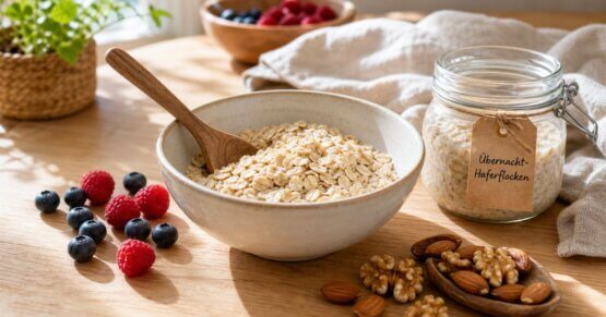 Stillleben mit kernigen Haferflocken, Beeren und Nüssen auf Holzuntergrund – natürliche Zutaten für ein entzündungsarmes Frühstück.