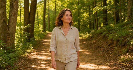 Eine vitale Frau Mitte 40 beim Spaziergang im Morgenlicht – symbolisch für gesundes Altern durch Lebensstil und die Hallmarks of Aging.
