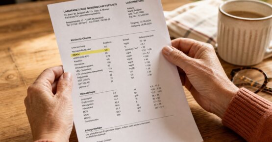 Hände halten einen Laborbefund mit HbA1c-Wert. Der HbA1c gilt als wichtiger Biomarker für biologisches Altern und Stoffwechselgesundheit.