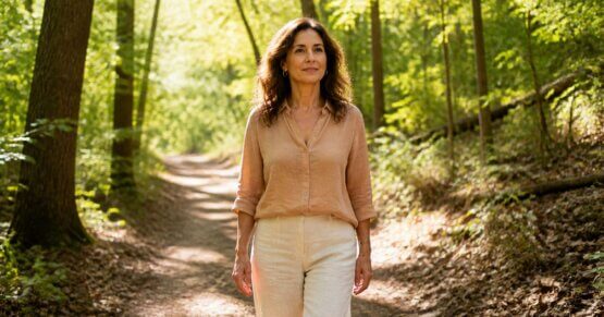 Vitale Frau Mitte 50 bei einem entspannten Spaziergang im Park — Symbol für einen langen Healthspan und aktives Altern.