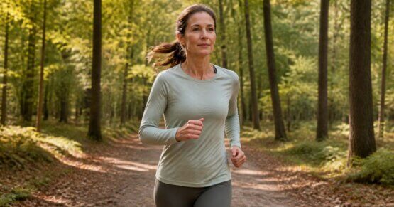Eine Frau mittleren Alters geht zügig in der Natur – Zone-2-Training im Alltag.