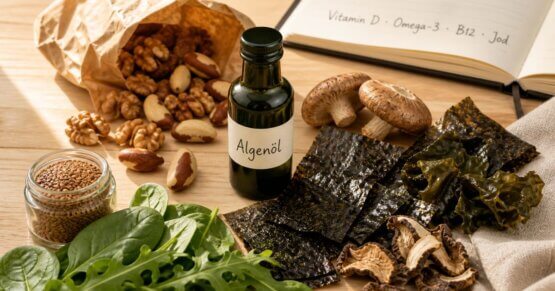 Natürliche Lebensmittelquellen für Longevity-Nährstoffe: Pilze, Beeren, Nüsse und Blattgemüse auf einem Holztisch angerichtet.